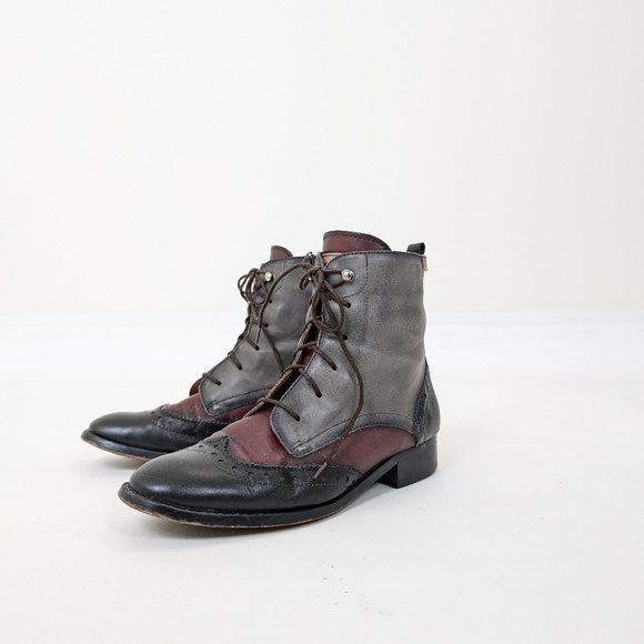 Pikolinos Leather Lace Up Boots Ankle Booties Panelled Oxford Colorblock Grey - Picture 1 of 11